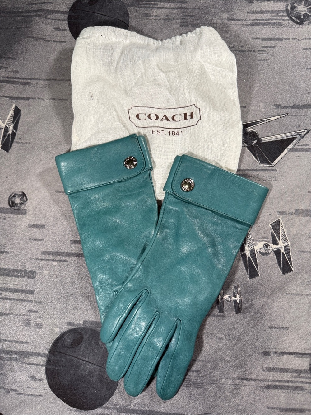 VINTAGE COACH TEAL LEATHER CUFFED GLOVES SZ 6 1/2